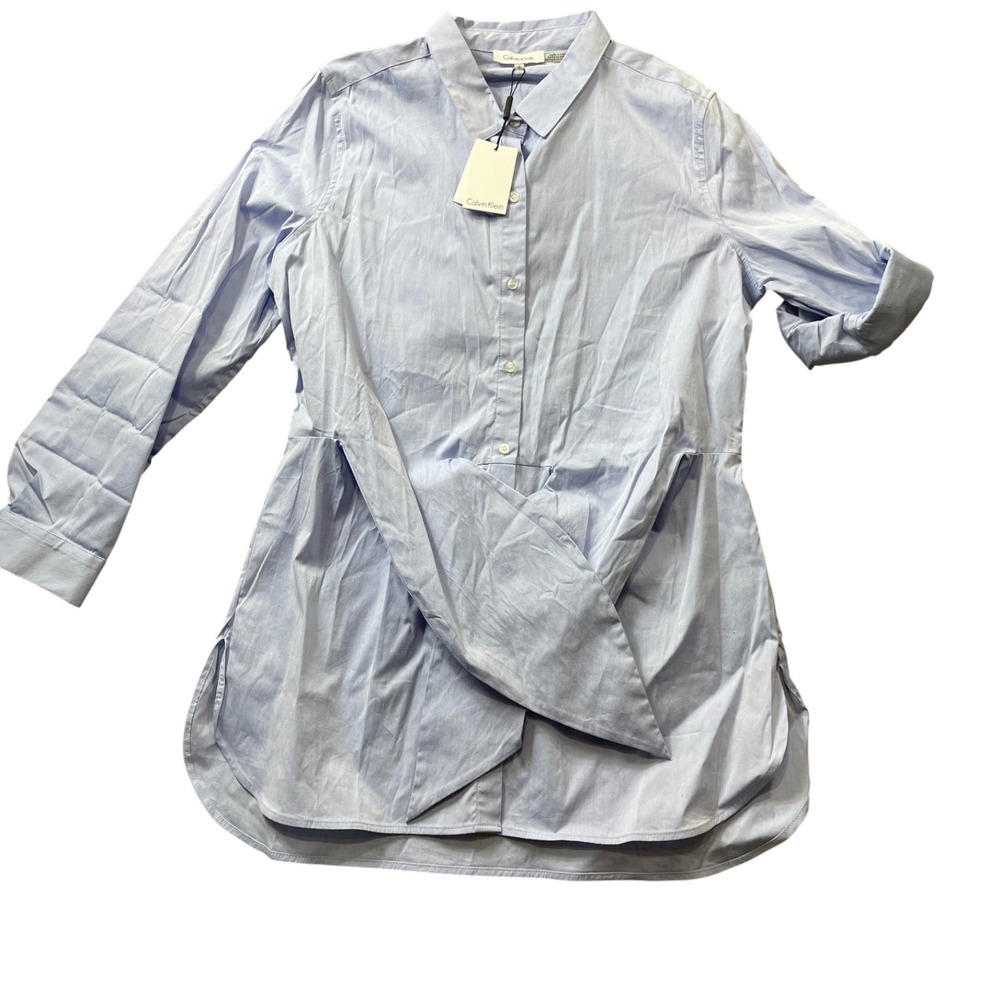 Calvin Klein Large NEW w/Tags Ladies Blouse Blue Roll Tab Sleeve Cotton Blend